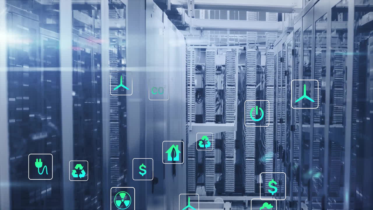 animación de iconos ecológicos y procesamiento de datos digitales a través de servidores informáticos
