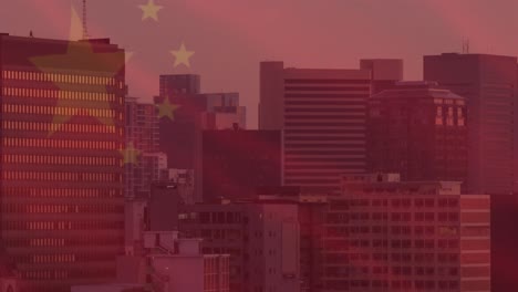 animación de la bandera de china sobre el paisaje urbano