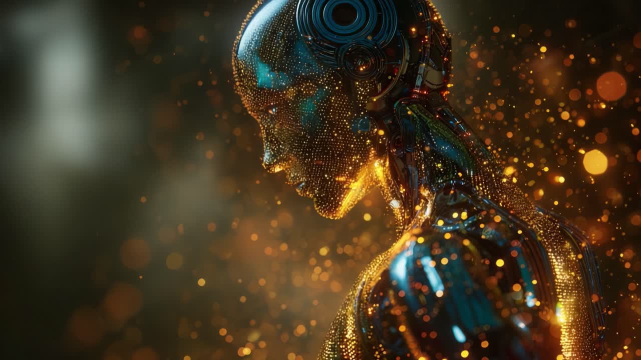 Profile view of a sophisticated humanoid robot made of shimmering golden particles dissolving and reforming, representing concepts of artificial intelligence, digital consciousness, and future tech