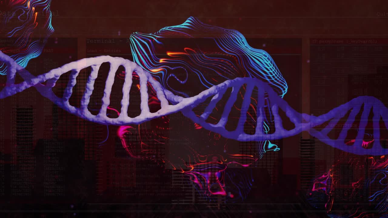 Animazione di filamento di DNA rotante su sfondo scuro
