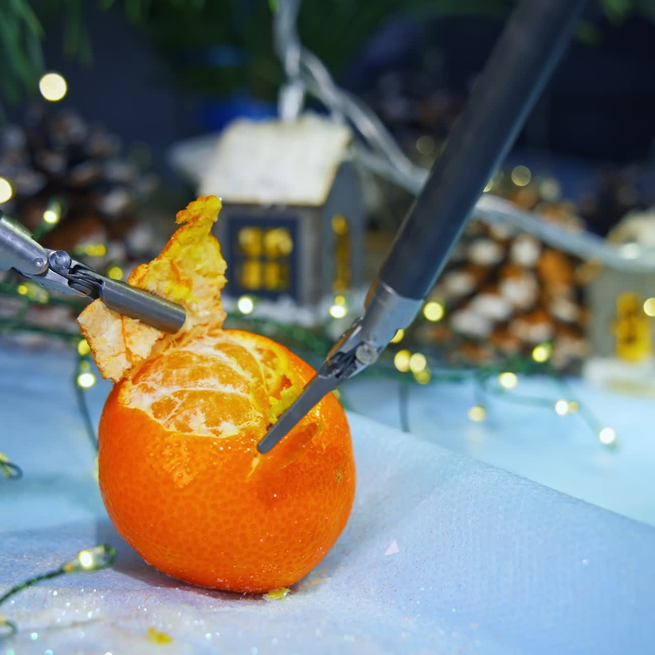 Sophisticated robotic forceps peel off the tangerine. Robotic arms tear off the pieces of mandarin skin. Christmas lights and decorations at the backdrop