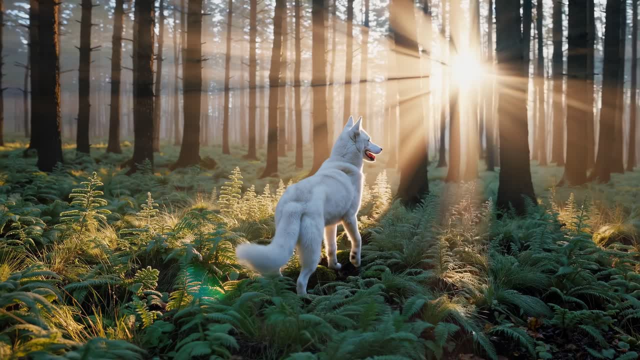 A serene forest scene with a white dog walking towards sunlight
