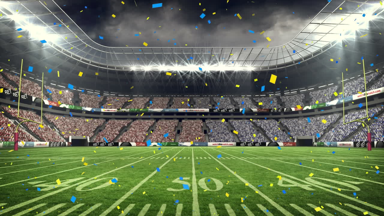 animación de confeti cayendo sobre el estadio deportivo