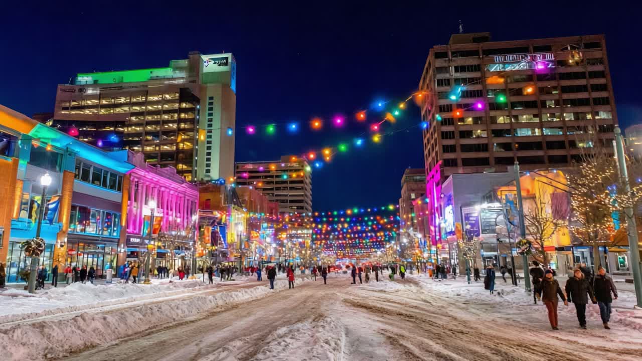 A Vibrant Nighttime Scene with Colorful Lights and Festive Decorations Transforming a Snowy Boulevard into a Lively Winter Wonderland