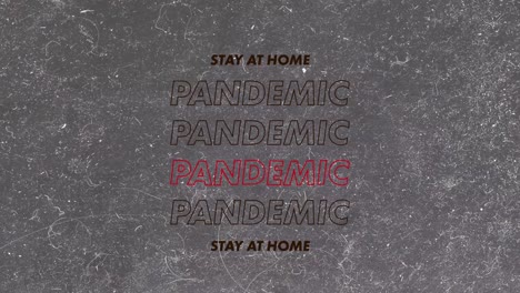 words pandemic stay at home written in brown and red letters on grey background