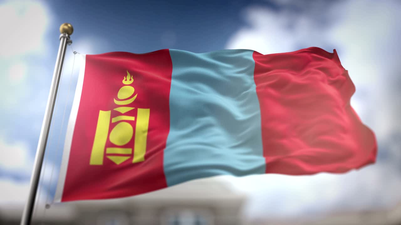 Bandiera della Mongolia che sventola in slow motion, rendering 3D, sfondo cielo blu - loop continuo 4K