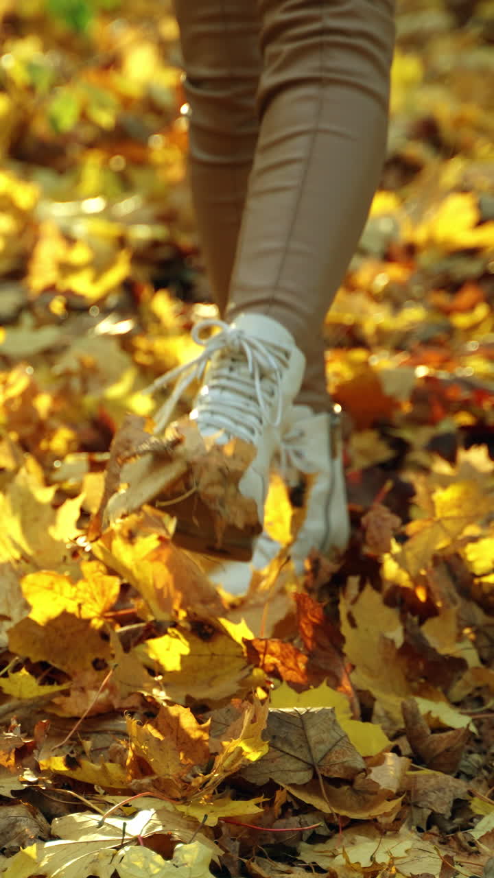 Woman legs in beige leggings and white boots take steps by the yellow leaves. Lady walks raising feet high to toss the beautiful leaves in autumn.