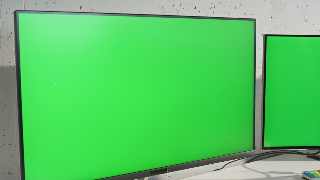 Two chromakey computers standing table in work room zoom out. Woman typing code