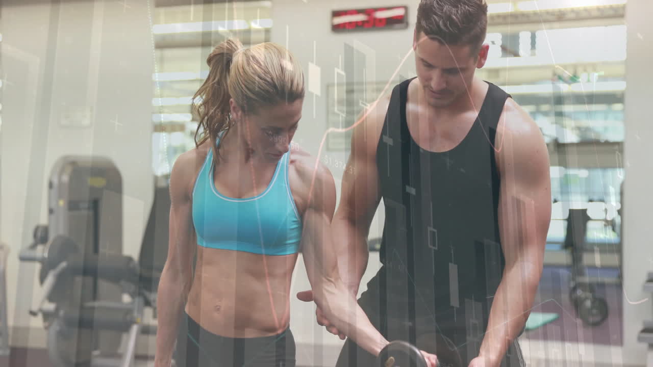 Analyzing fitness data animation over people exercising in gym