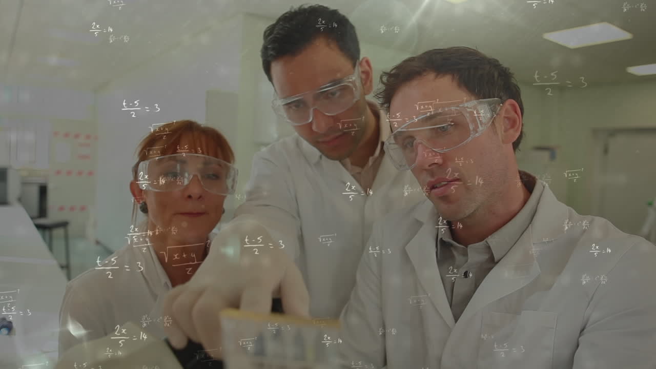 animación de ecuaciones matemáticas sobre diversos científicos en el paisaje urbano del laboratorio