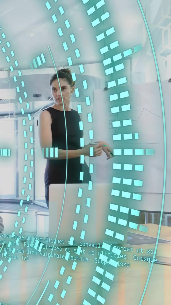 Vertical video: Presenter marking business chart while answering colleague, turquoise HUD sweeping