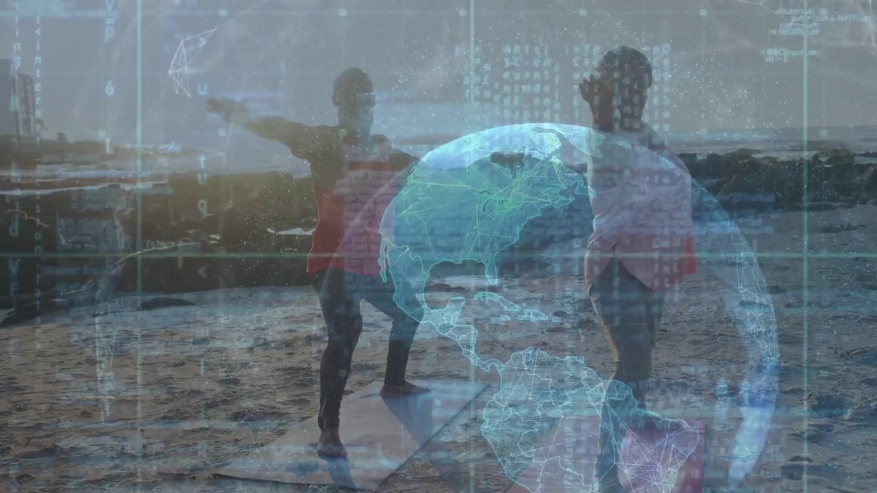 Senior woman and man practicing fitness on mats while digital globe fading in guiding balance