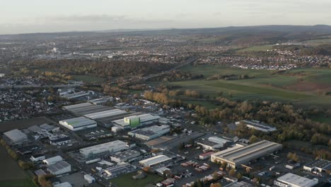 Drone-Aerial-shot-at-sunset-of-the-district-Bettenhausen-of-Kassel-in-Germany,-Hessen,-Europe