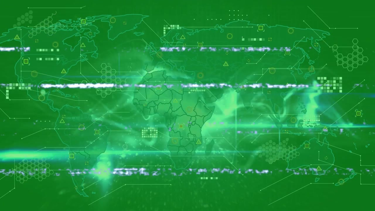 Animation of glitch effect over digital wave and data processing over world map on green background