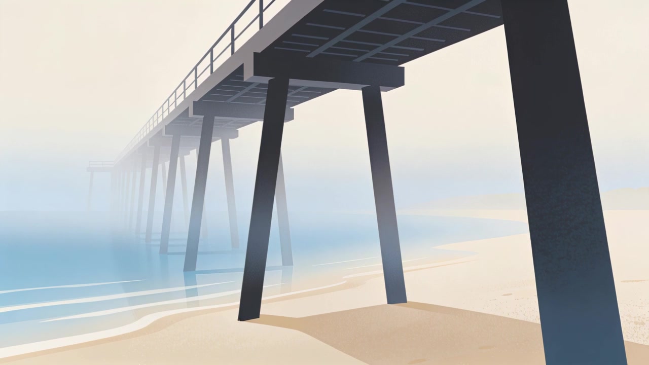 Gliding camera revealing pier supports and fading pier over misty beach, showing soft shadows