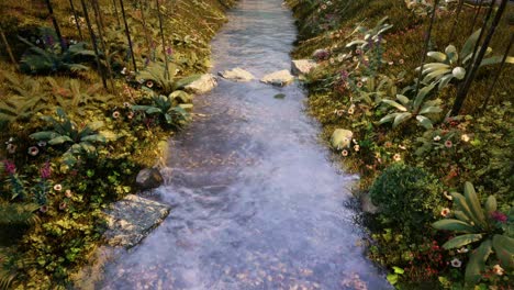 fiume che scorre nella foresta di boschi. rappresentazione 3d