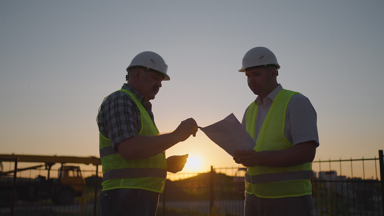 Portrait of two builders standing at building site. Two builders with drawings standing on the background of buildings under construction in helmets and vests