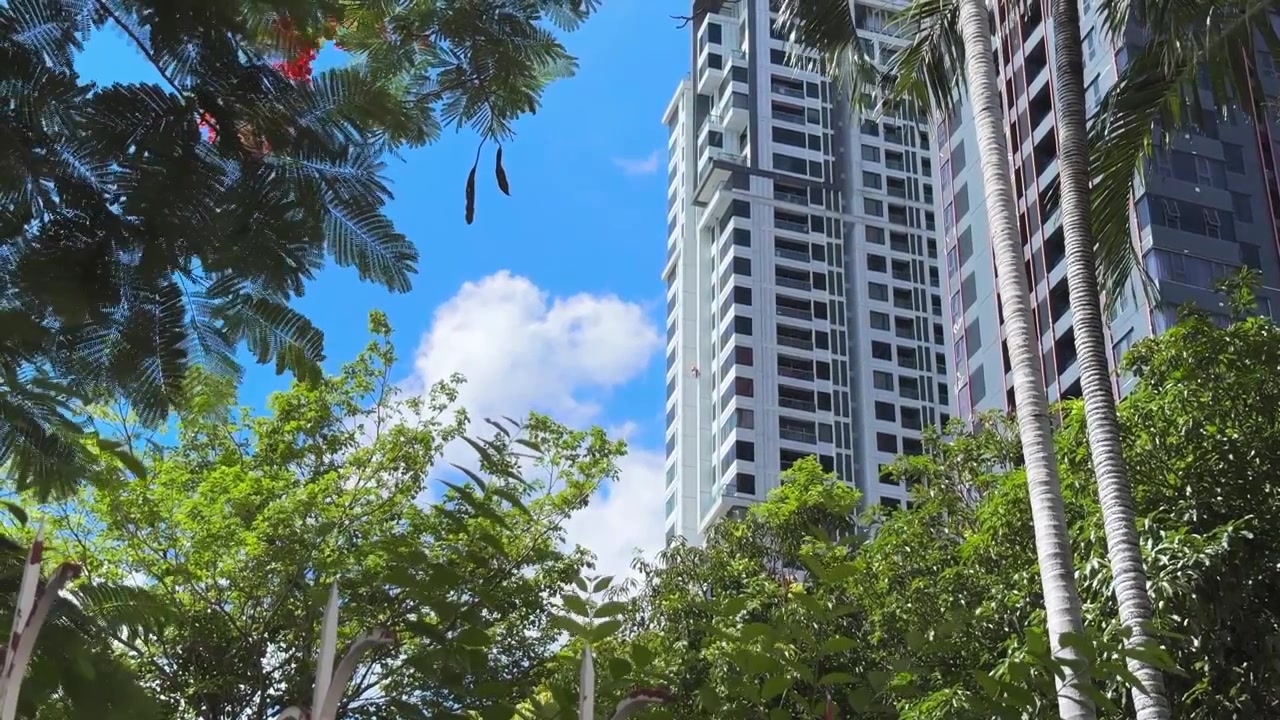 Vista ampla de um trabalhador de acesso por corda suspenso no alto da fachada de uma torre residencial moderna, cercada por árvores tropicais exuberantes, ilustrando a manutenção de edifícios, mão de obra qualificada e trabalho em altura