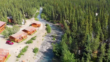 4k drone video of cabins along carlo creek near denali national park and preserve, ak during summer
