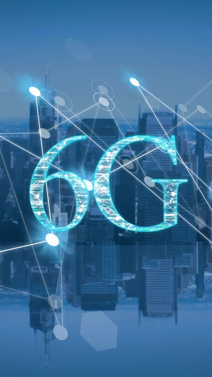 Animazione di testo 6G, paesaggio urbano e connessioni