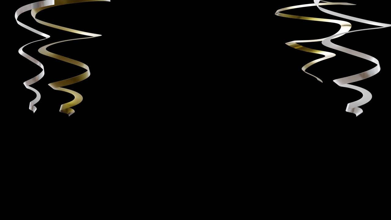 Animation of gold and silver streamers on black background