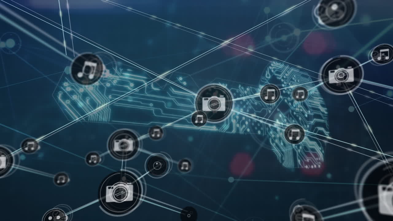 검은 바탕 위에 아이콘과 컴퓨터 회로판을 가진 연결 네트워크의 애니메이션