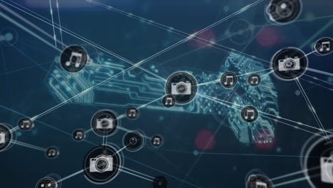 animación de la red de conexiones con iconos y placa de circuito de computadora sobre fondo negro