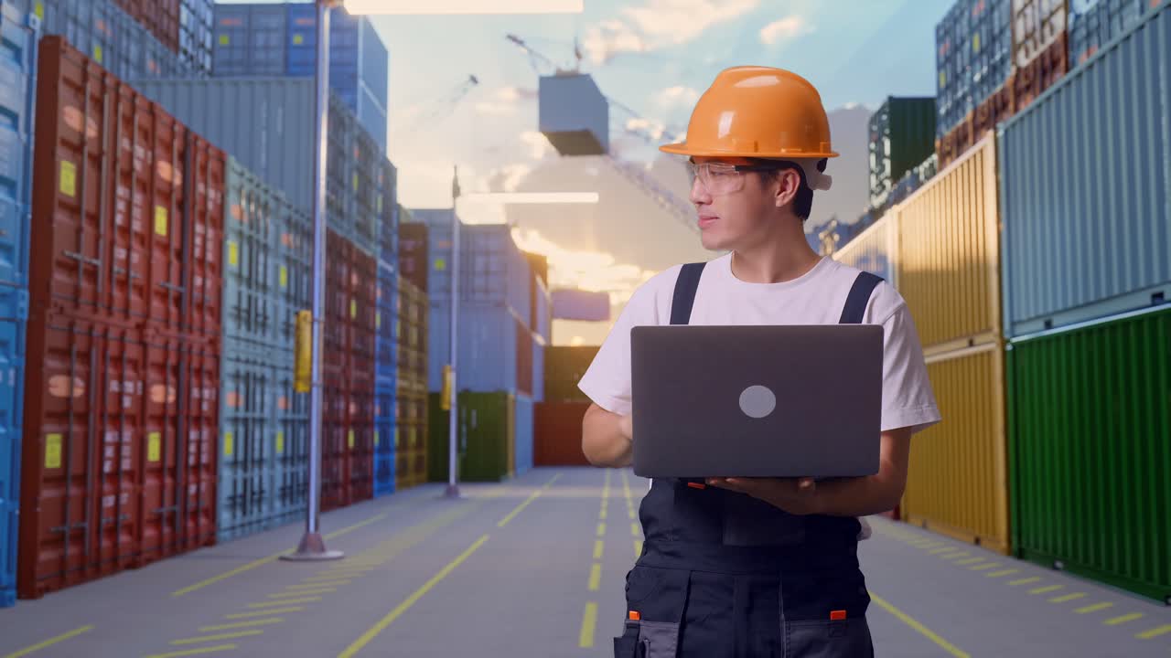 trabajador asiático con gafas de protección y casco de seguridad usando una computadora portátil y apuntando hacia un lado mientras está de pie en el almacén del patio de contenedores
