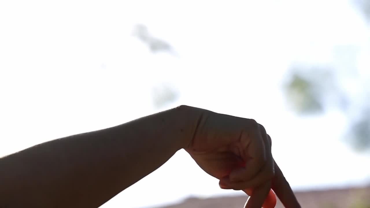 Low angle shot of flamenco dancers hand making movements outdoors. Slomo