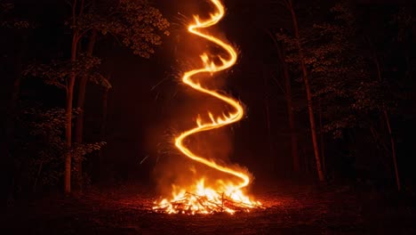 captivating display of a spiraling fire tornado at night surrounded by trees, emitting a warm glow against the dark forest background