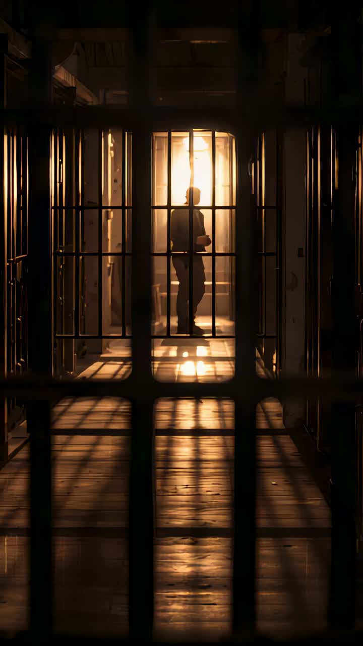 Vertical video: Stepping backlit man drawn by warm light at cell bars holding phone in dark clothes