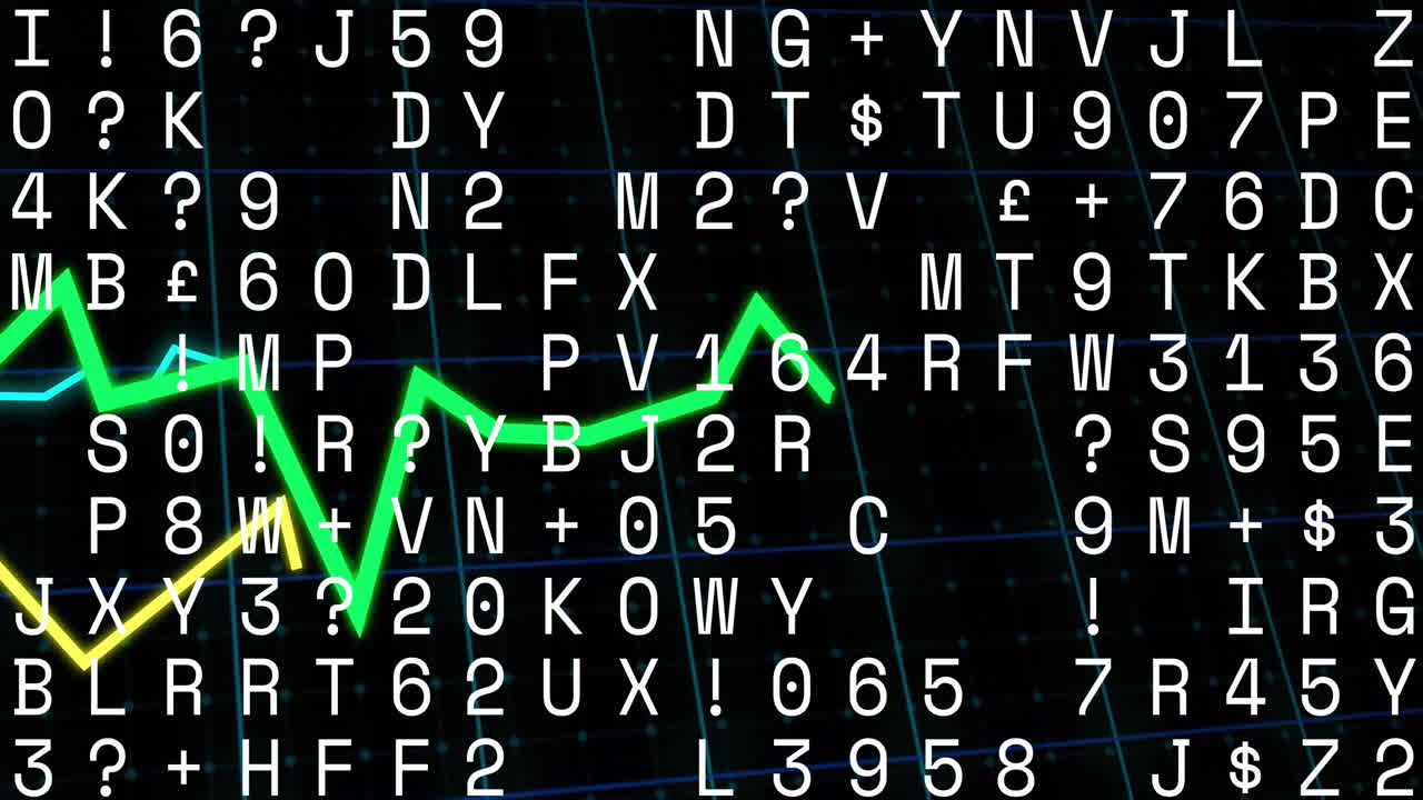 Animazione di un grafico a linee verde che fluttua su caratteri casuali su sfondo scuro