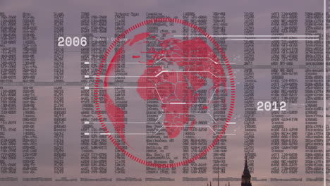 animation of financial data processing over globe and london cityscape