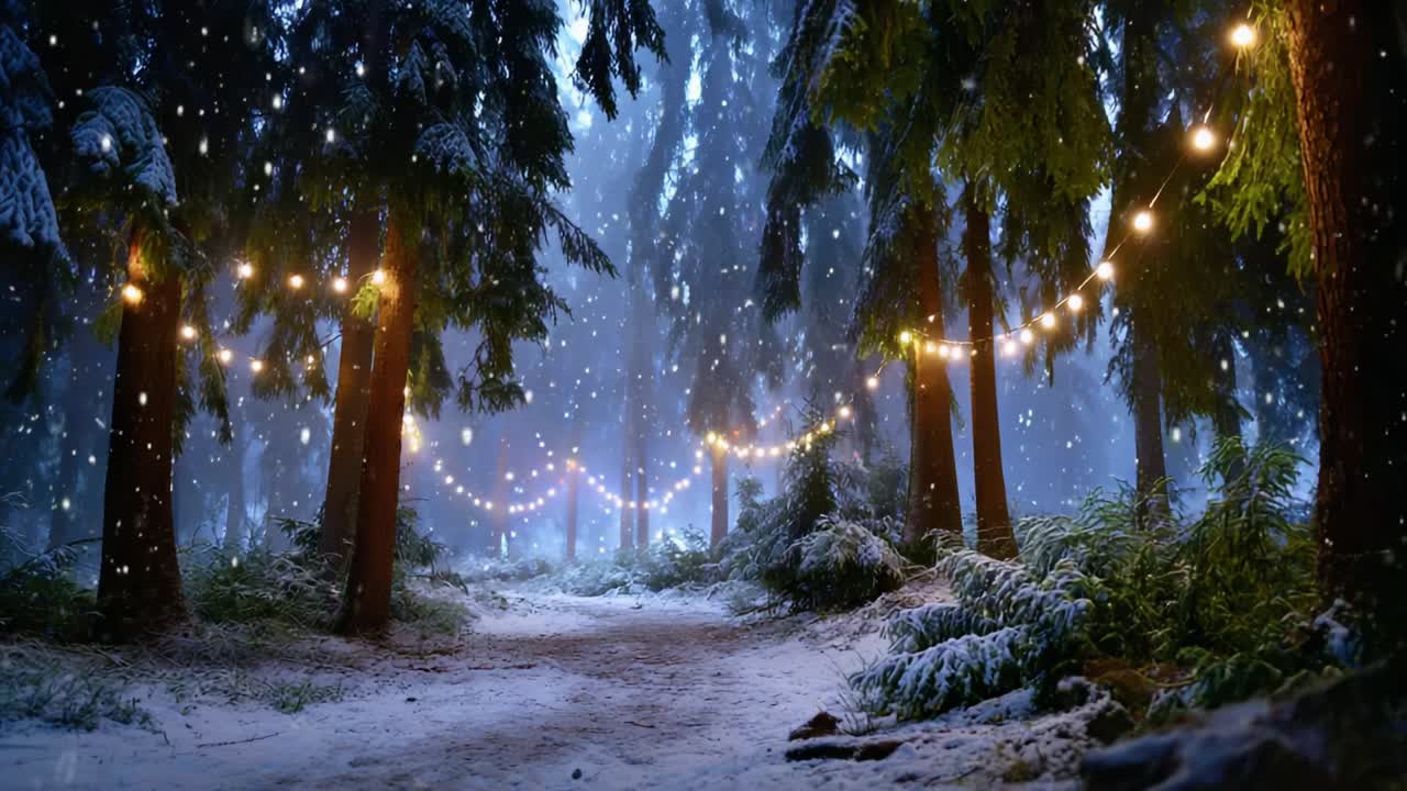 Tyyni talviyö lumipeitteisellä metsäpolulla, jota valaisevat hehkuvat valonauhat lumisateen keskellä, luoden maagisen ja lumoavan tunnelman, joka on täydellinen lomien tutkimiseen ja rauhoittumiseen