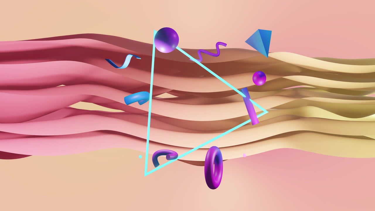 Animation of abstract shapes moving over waving multi coloured background