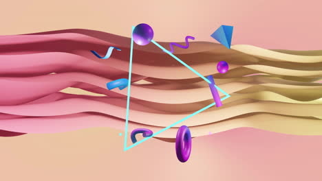 animation of abstract shapes moving over waving multi coloured background