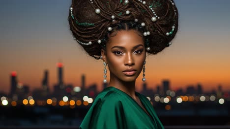 stunning evening portrait of a woman with intricate braids and elegant accessories against a beautiful sunset cityscape background