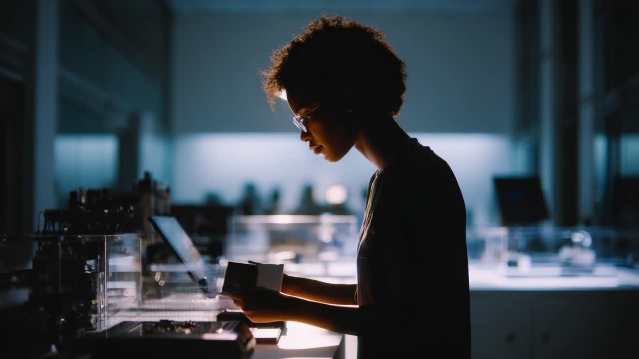 Una giovane donna esamina dei materiali in un laboratorio moderno, mostrando innovazione e creatività mentre è immersa nel suo ambiente di lavoro riflessivo di notte.