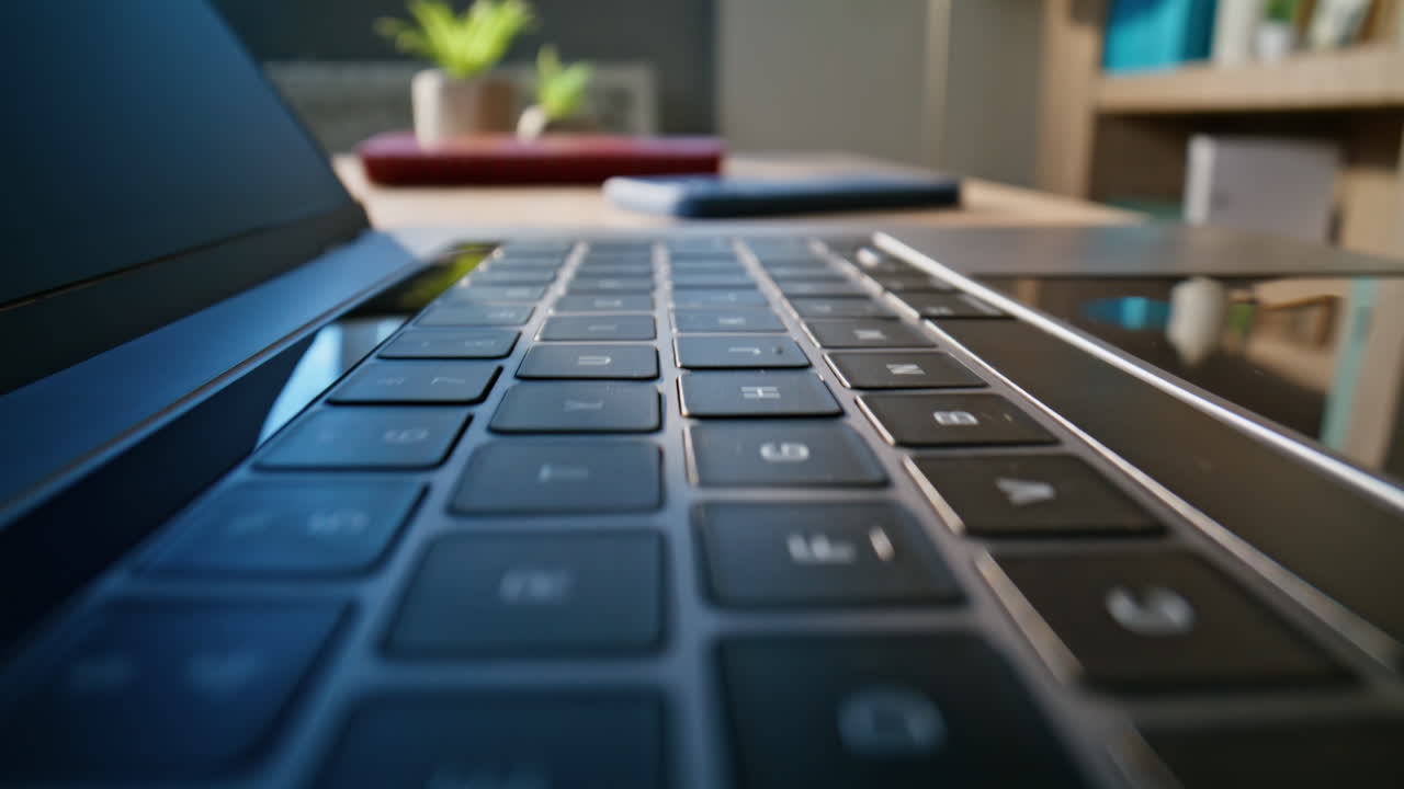 Closeup laptop keyboard modern workspace. Side view office computer smartphone