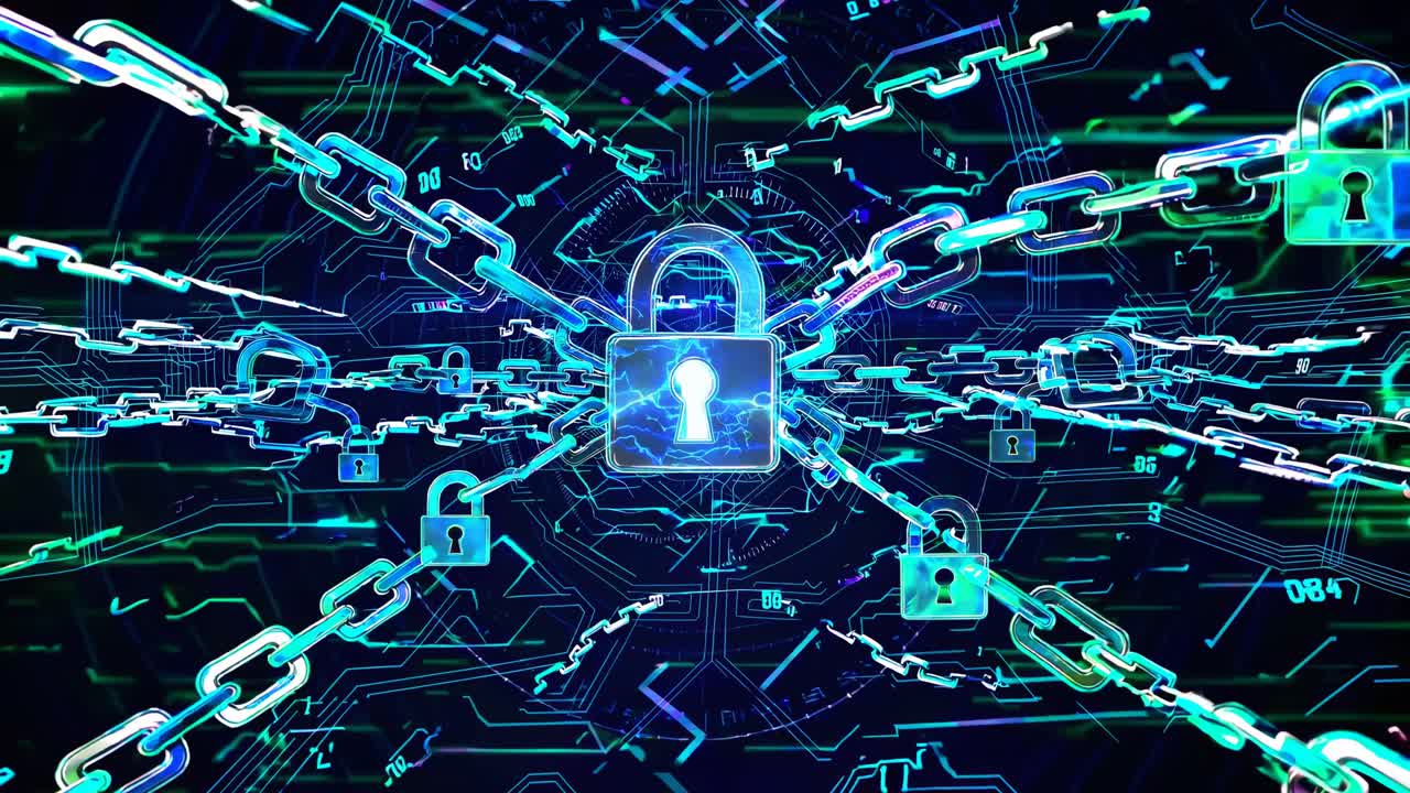 Abstract Digital Security Network with Glowing Chains and Padlocks