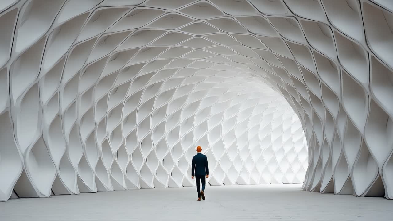 A solitary figure walks through a stunningly designed architectural space characterized by its intricate, shell-like patterns, evoking feelings of serenity and exploration
