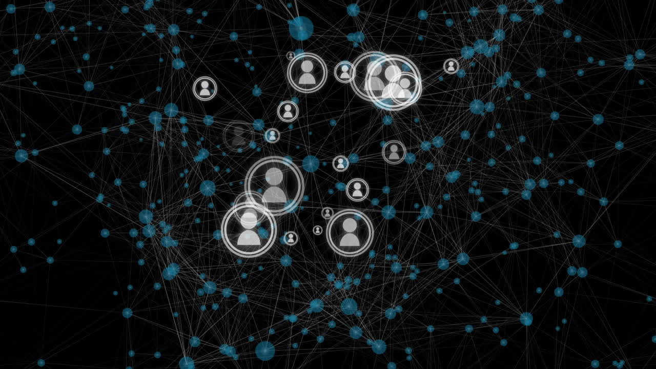 Animation of network of connections with icons in digital black and blue space