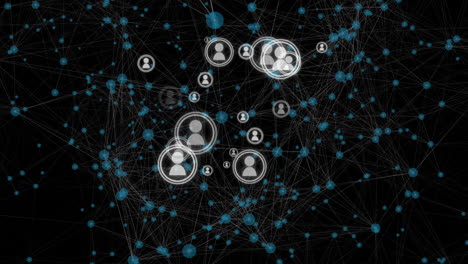 animación de la red de conexiones con iconos en espacio digital negro y azul