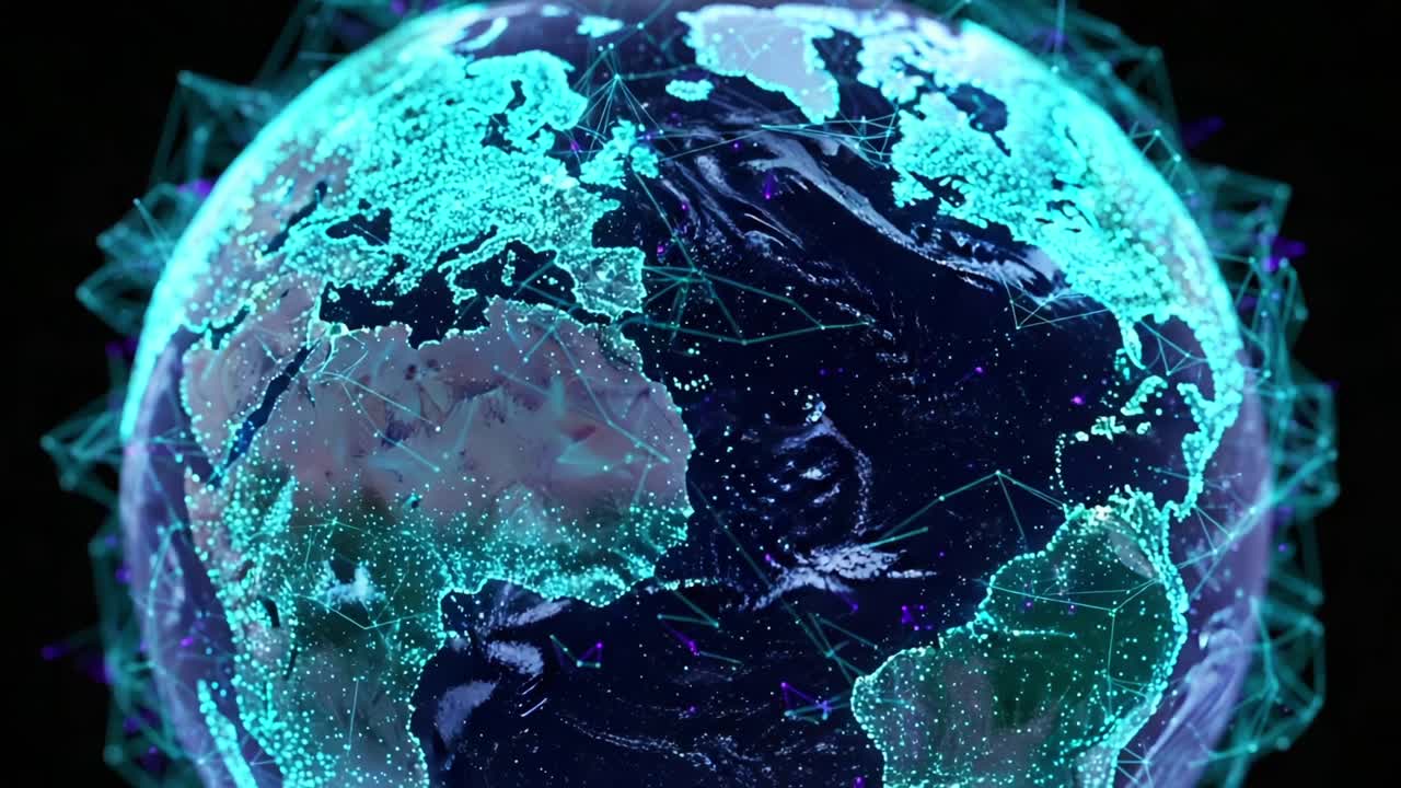 A Stunning Visualization of Earth Embellished with a Luminous Network of Connections, Showcasing the Planet's Surface and Vibrant Digital Elements in a 3D Perspective
