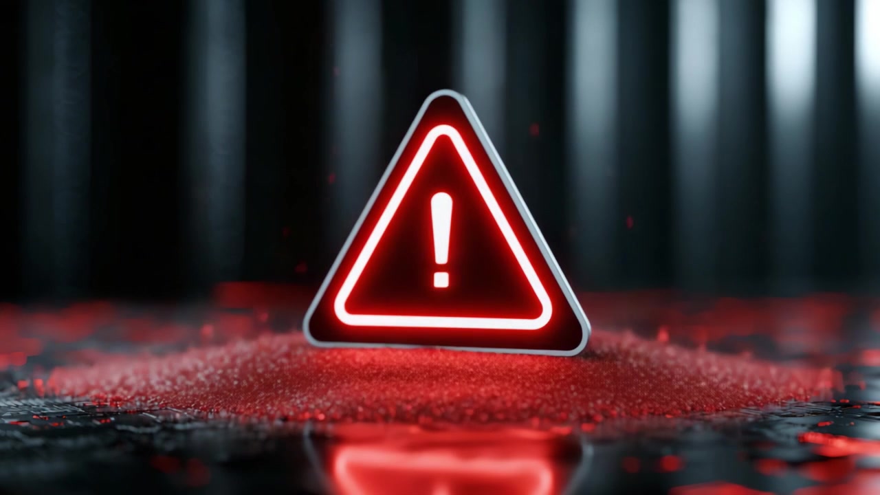 A striking visual representation of a cautionary warning sign depicted as a red pyramid of particles, emphasizing alertness and danger in a digitally crafted environment.