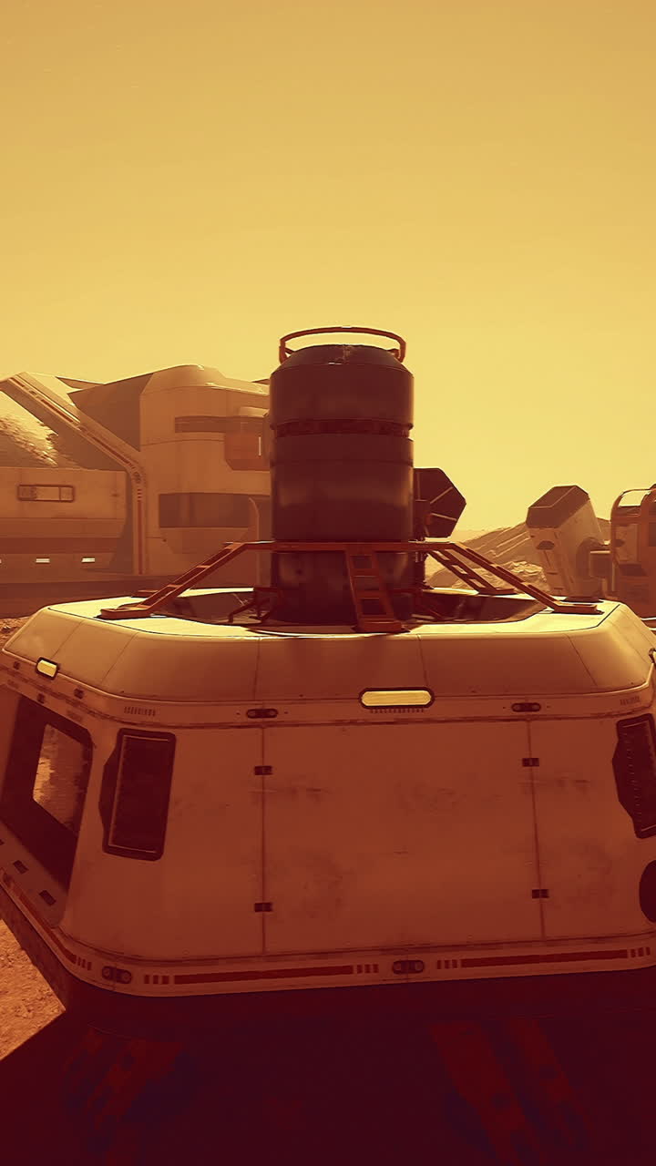 Exploration base on mars under a dusty orange sky