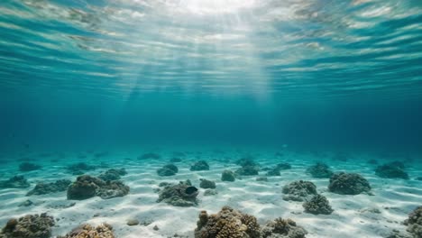 stunning underwater coral reef scene captured in two frames, highlighting sunlight filtering through layers of clear ocean water and vibrant marine life