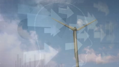 animation of arrows and graphs over wind turbine moving over sky with clouds