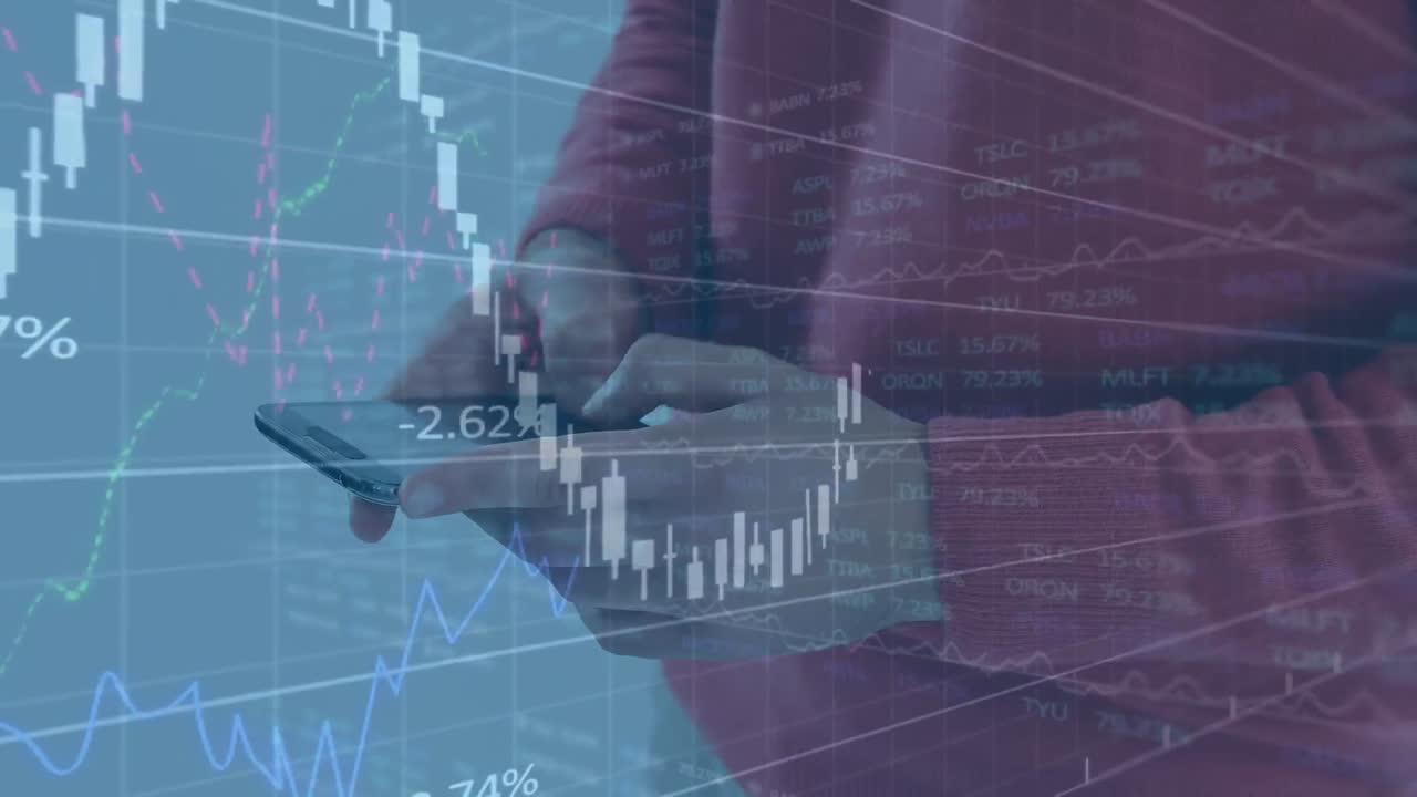 animazione del mercato azionario e elaborazione di dati finanziari su una sezione media di uomini che utilizzano smartphone