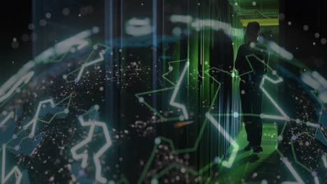 animation of data processing and globe over man by computer servers
